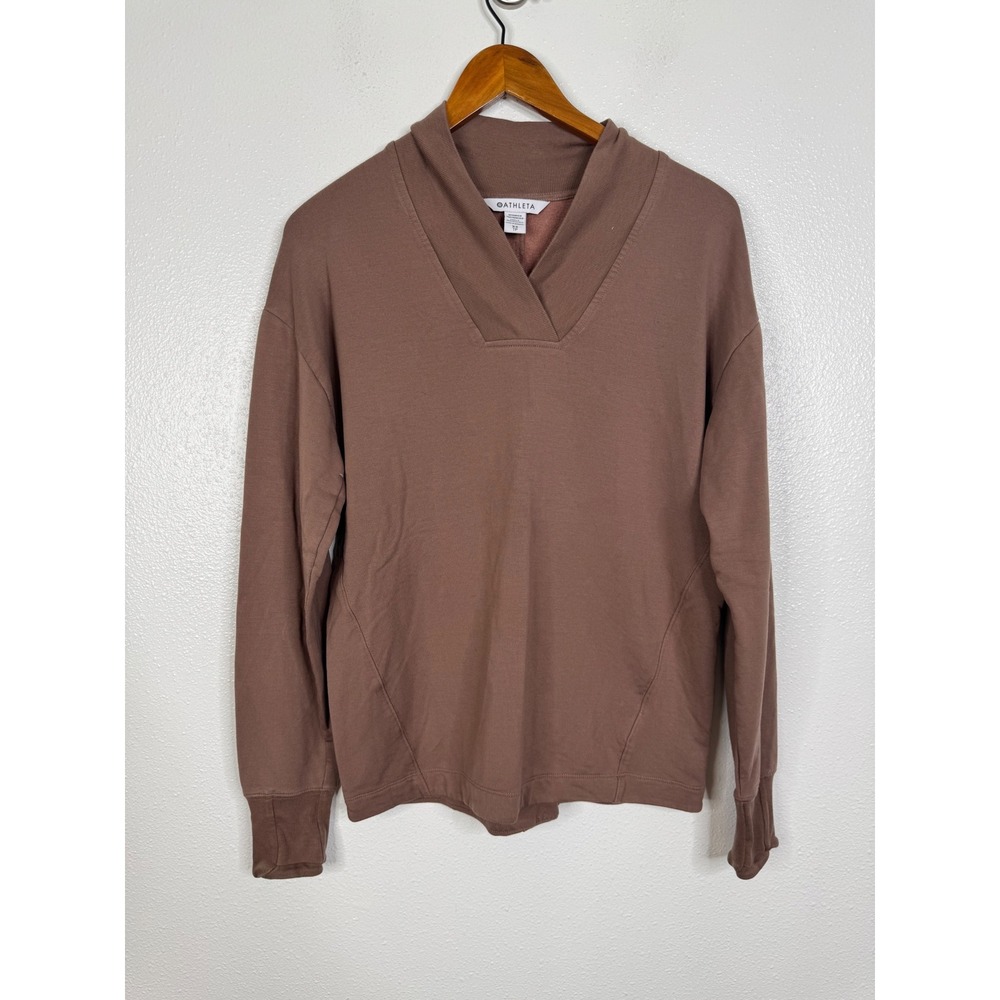 Athleta Coaster Luxe V-Neck Sweatshirt Brown Mauve Fleece Pullover XS 466781